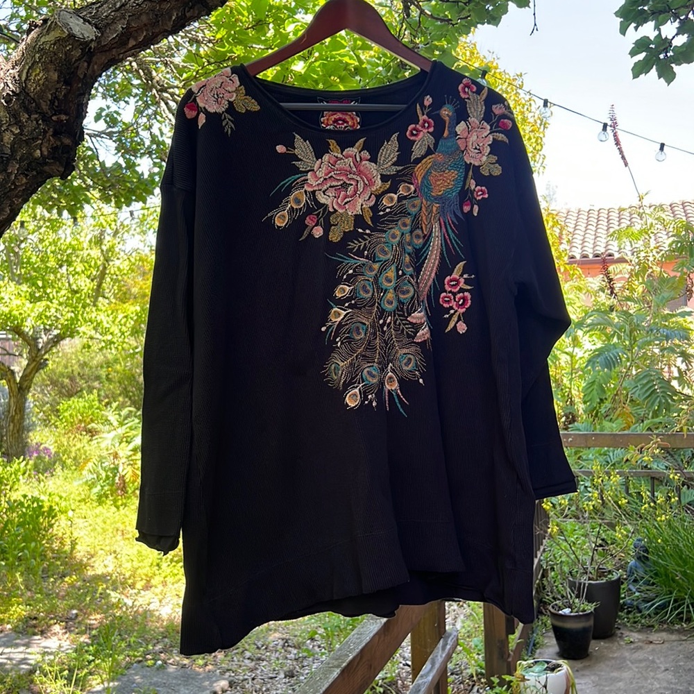 Johnny Was Thermal Top with Peacock Embroidery